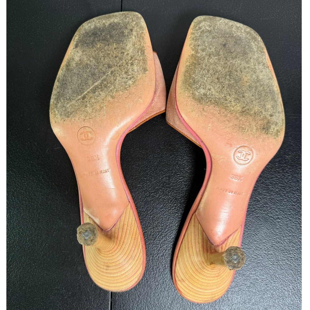 Chanel CC Logo Square Toe Mules Pink Canvas Leather Kitten Heel Sandals 38.5 - Picture 6 of 11